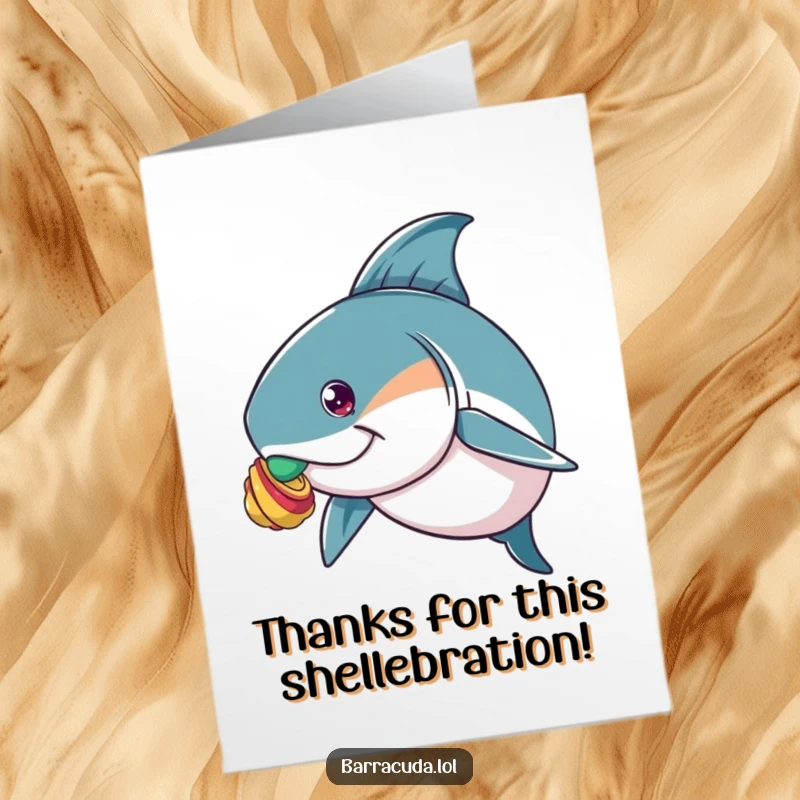 Funny Free Printable Thank You Card: Barracuda attempting to balance a shell on its nose with intense focus.