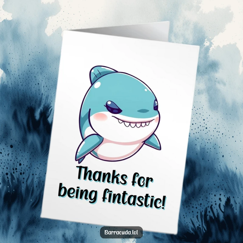 Funny Free Printable Thank You Card: Adorable Kawaii Barracuda Offering Thanks with a Goofy, Wide Grin