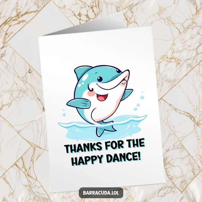Funny Free Printable Thank You Card: A happy kawaii barracuda doing a cheerful wiggle dance in water.