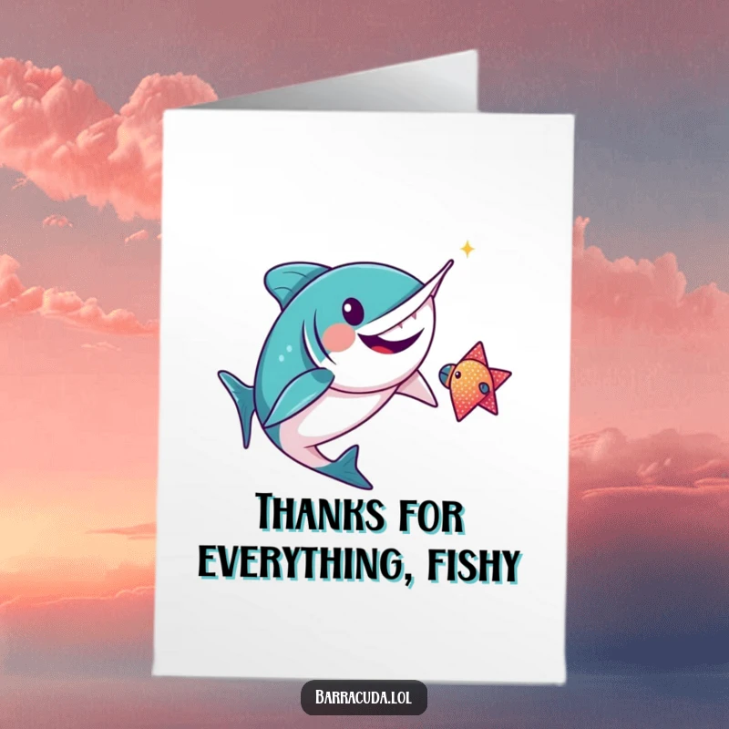 Funny free printable thank you card with a kawaii barracuda enthusiastically chasing a shiny fish, a downloadable expression of thanks.