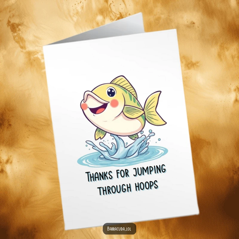 Funny Free Printable Thank You Card: An energetic, smiling fish leaps from the water, conveying thanks with gusto.