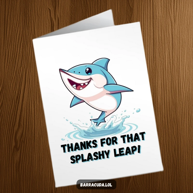 Free Printable Thank You Card: A barracuda leaping playfully out of the water, conveying energetic thanks.