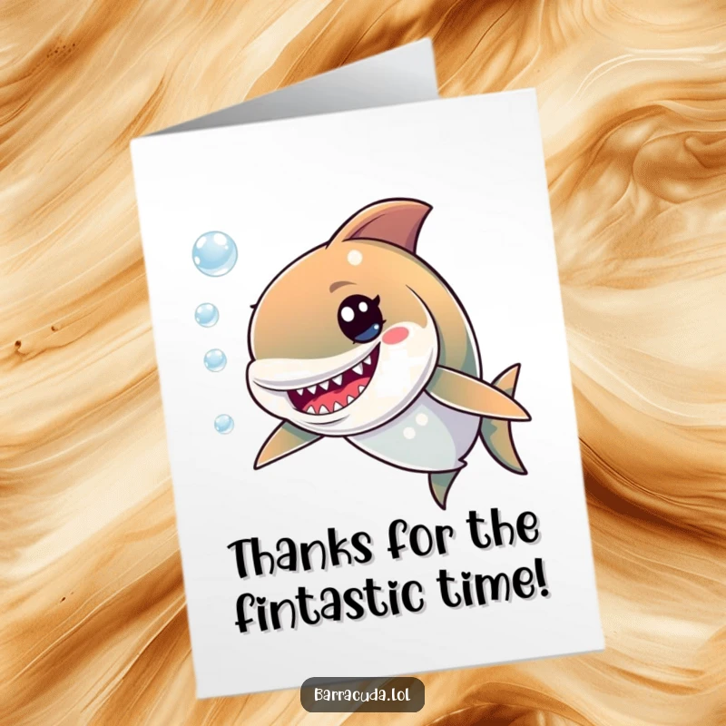 Funny Free Printable Thank You Card: Mischievous barracuda grinning while chasing bubbles, expressing thanks humorously.