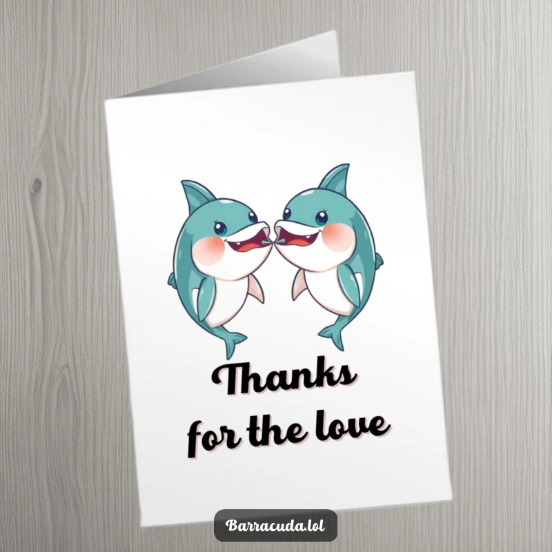 Funny free printable thank you card featuring two kawaii barracudas leaning in for a playful mouth-to-mouth bump, a downloadable thank you.