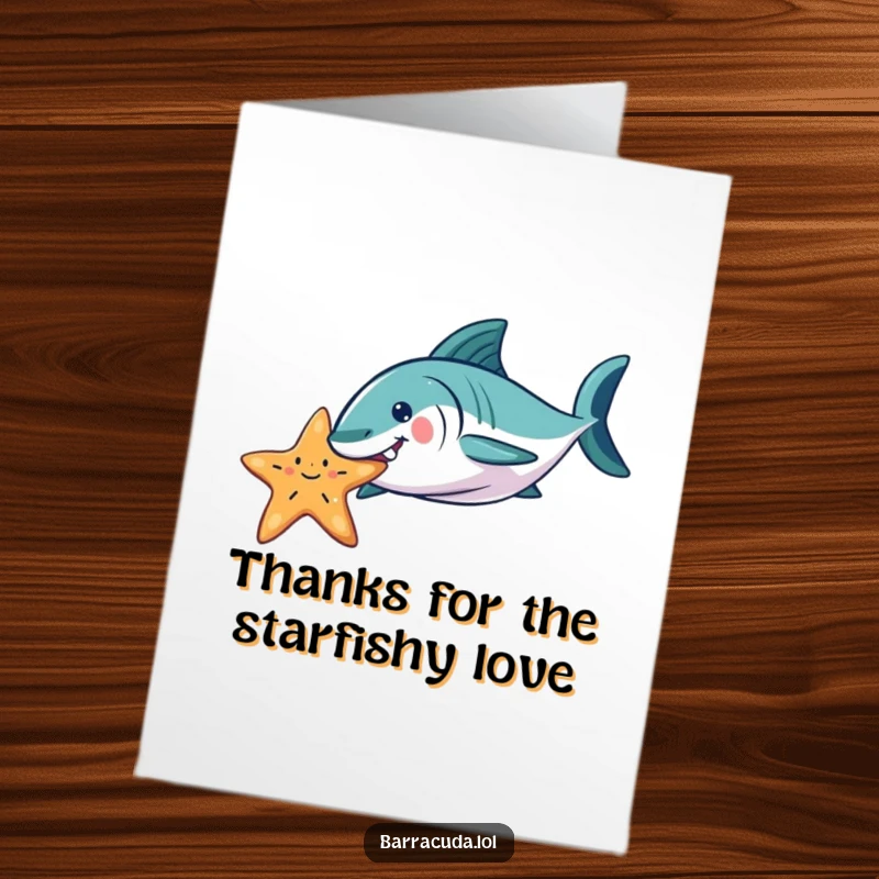 Funny Free Printable Thank You Card: A barracuda nudges a starfish, symbolizing playful thanks.