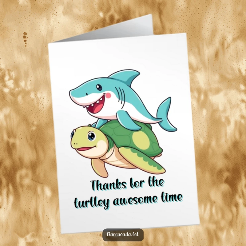 Funny Free Printable Thank You Card: Barracuda expresses thanks while riding a friendly sea turtle.