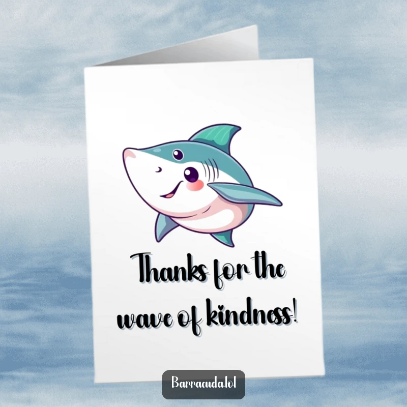 Funny Free Printable Thank You Card: A barracuda with a big smile waves its tail fin in a friendly gesture of thanks.