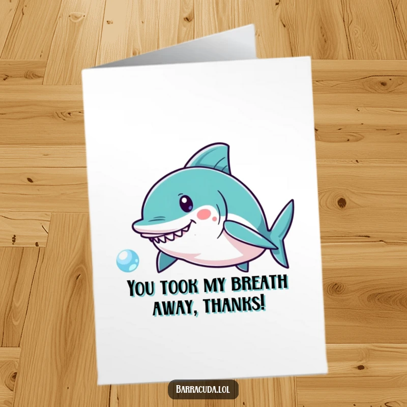 Funny Free Printable Thank You Card: A happy barracuda playfully chases a small, glistening bubble.