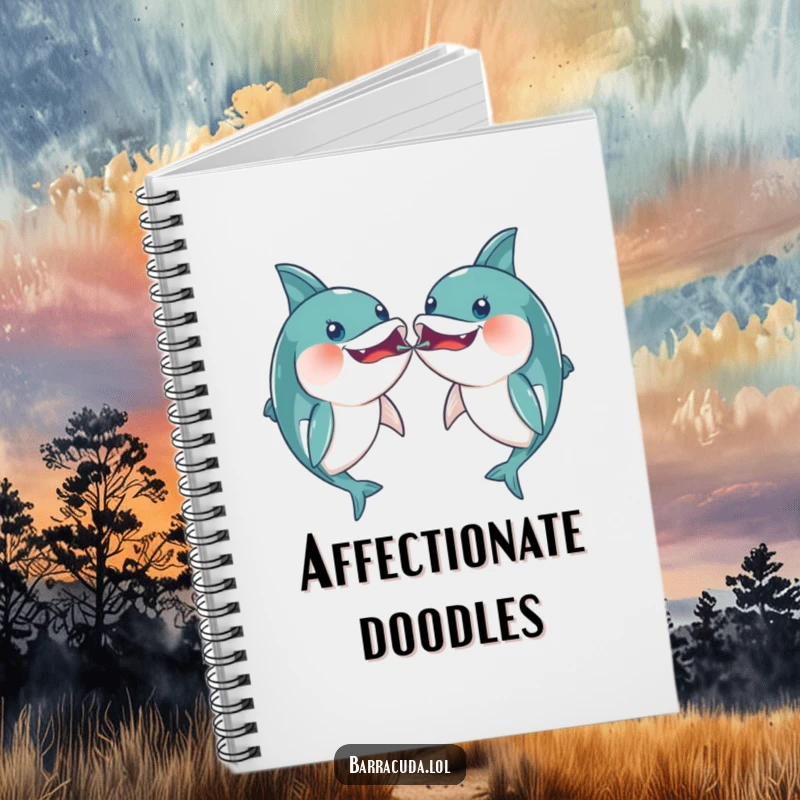 Funny pair of kawaii barracudas playfully bumping mouths on a notebook, encouraging sweet inscriptions.