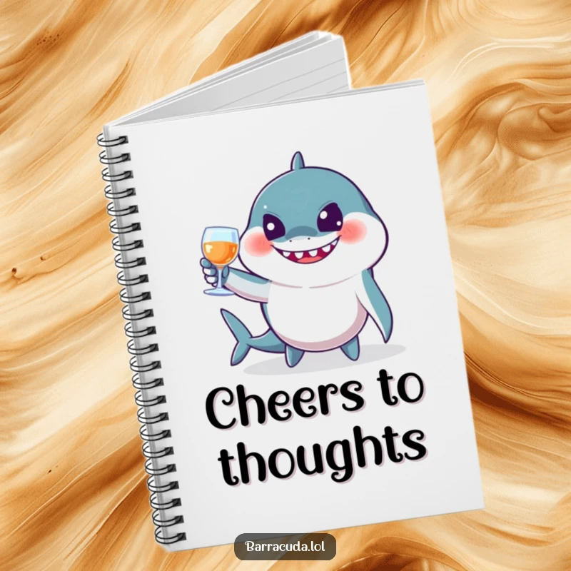 Funny barracuda notebook of a jovial fish toasting with imaginary glasses, designed for jotting down celebratory notes humorously.