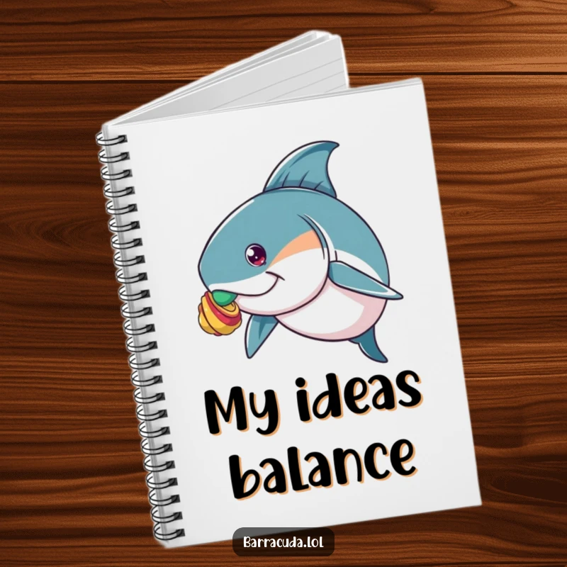 Funny notebook cover showing a barracuda attempting to balance a colorful shell on its nose, perfect for jotting notes.