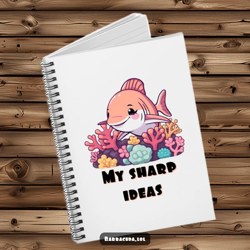 Funny barracuda notebook, a cover with a barracuda winking from a coral reef, ideal for jotting down funny thoughts and notes.