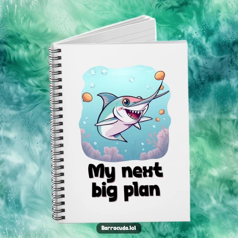 Funny barracuda notebook cover with an energetic barracuda playing a game of underwater tag, ideal for writing.