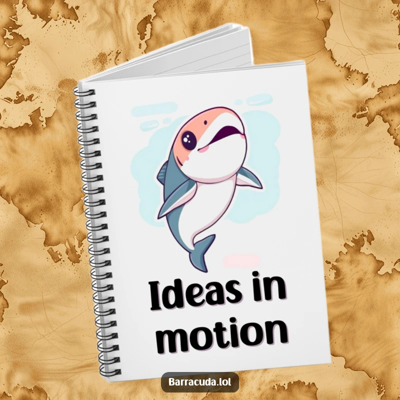 Funny Kawaii Barracuda Notebook featuring a fish doing a playful underwater flip, perfect for capturing ideas.