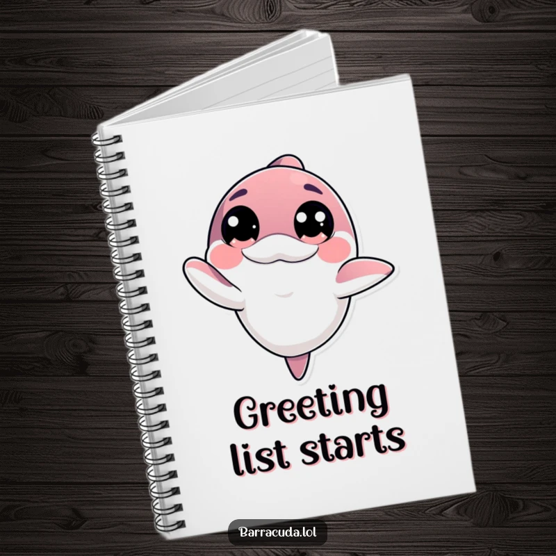 Funny kawaii barracuda with big innocent eyes offering a friendly wave on a notebook, encouraging kind notes.