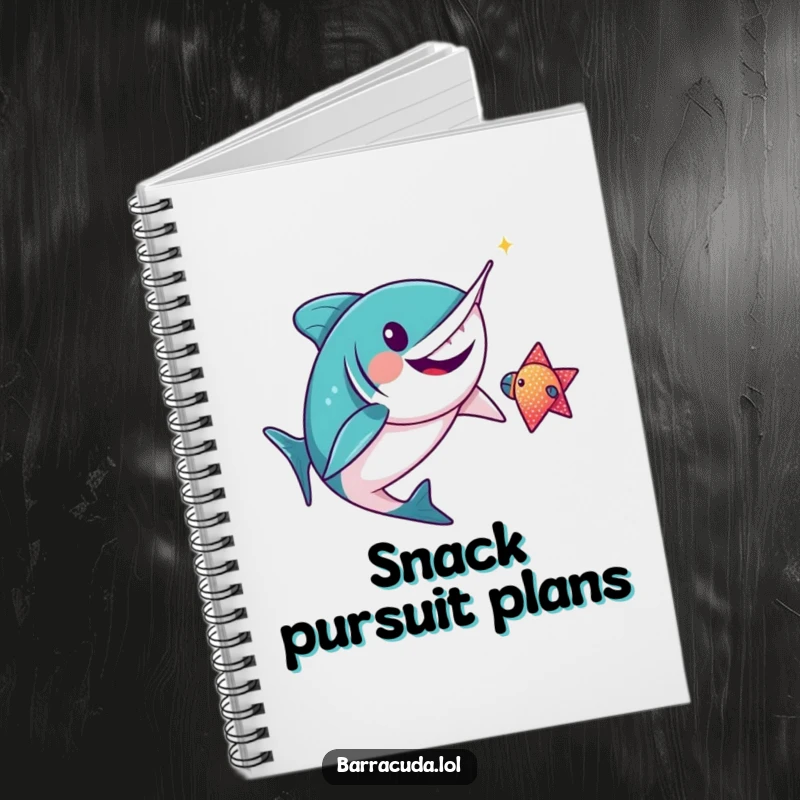 Funny kawaii barracuda gleefully chasing a sparkly fish on a notebook cover, encouraging fun note-taking.