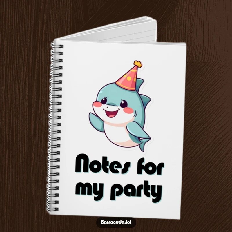 Funny barracuda notebook featuring a small, cheerful fish wearing a tiny party hat, perfect for jotting down party plans and ideas.