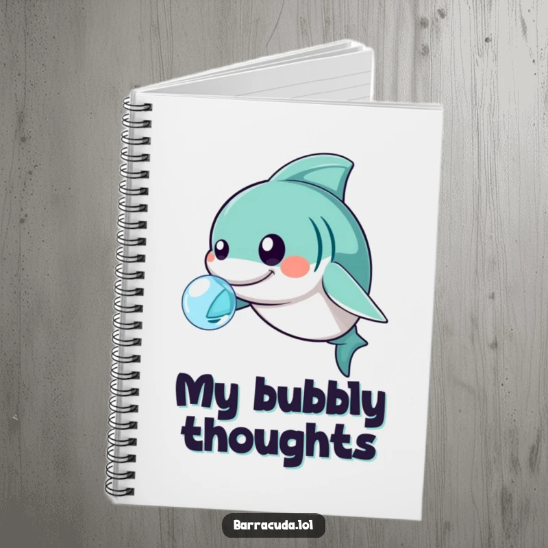 Funny kawaii barracuda nudging a bubble, cute and humorous notebook for writing.