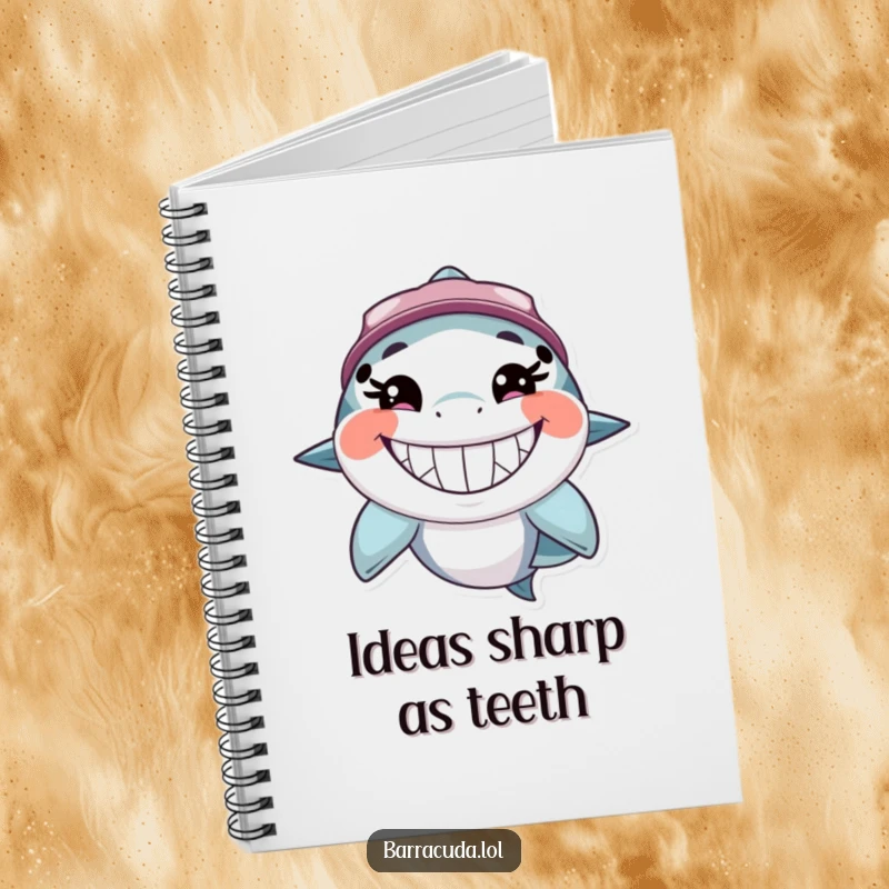 Funny barracuda notebook featuring a cheerful fish character with a wide, toothy, happy grin, perfect for jotting down notes and ideas.