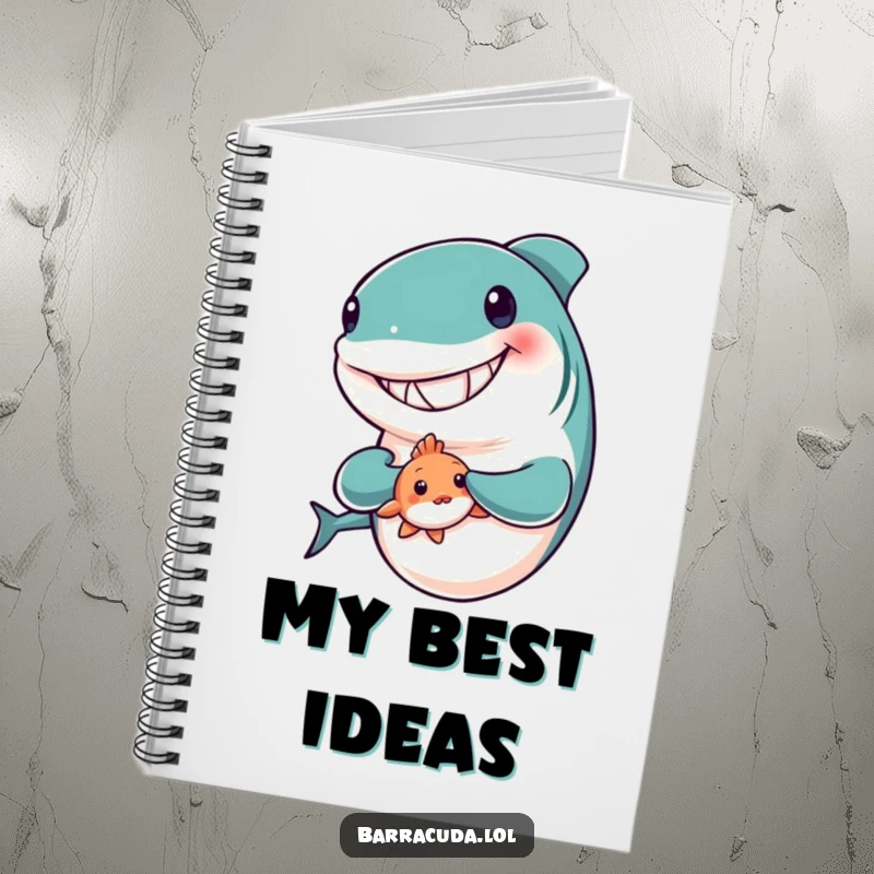 Funny notebook cover with a grinning barracuda holding a tiny, shy fish, ideal for jotting down thoughts.