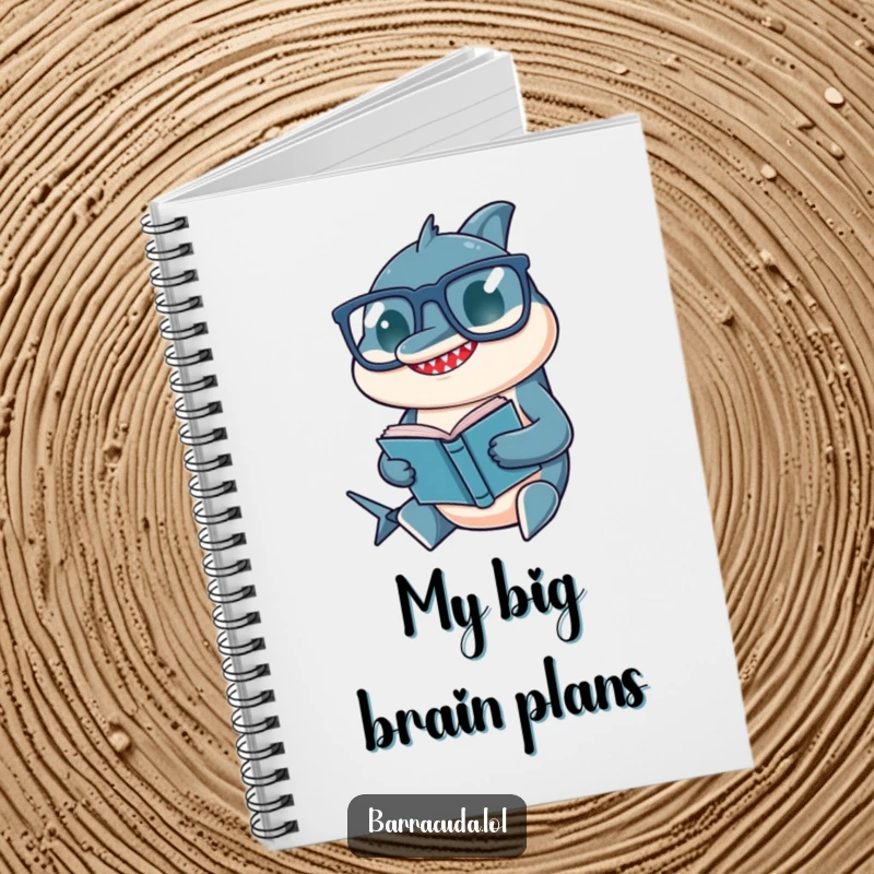 Funny notebook featuring a barracuda with large glasses, diligently writing in a small book on its cover.