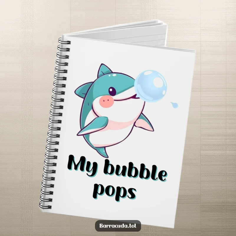 Funny barracuda notebook, showing a barracuda playfully chasing a soap bubble, perfect for note-taking and sketching.