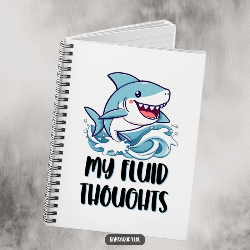 Funny kawaii barracuda character happily zipping through stylized waves on a cute and humorous notebook cover.