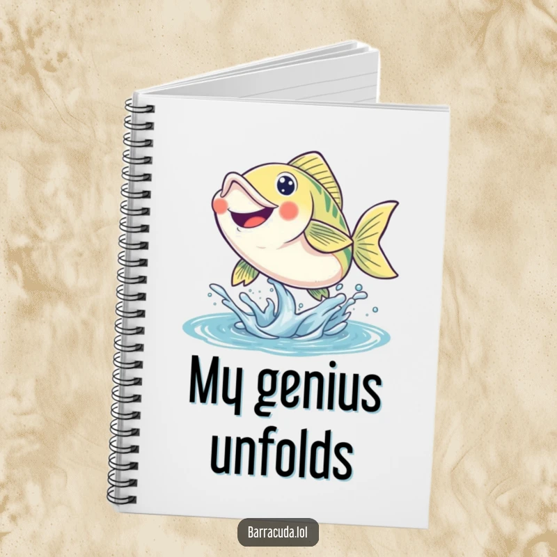 Funny fish notebook featuring a smiling fish leaping energetically out of the water, perfect for journaling thoughts.
