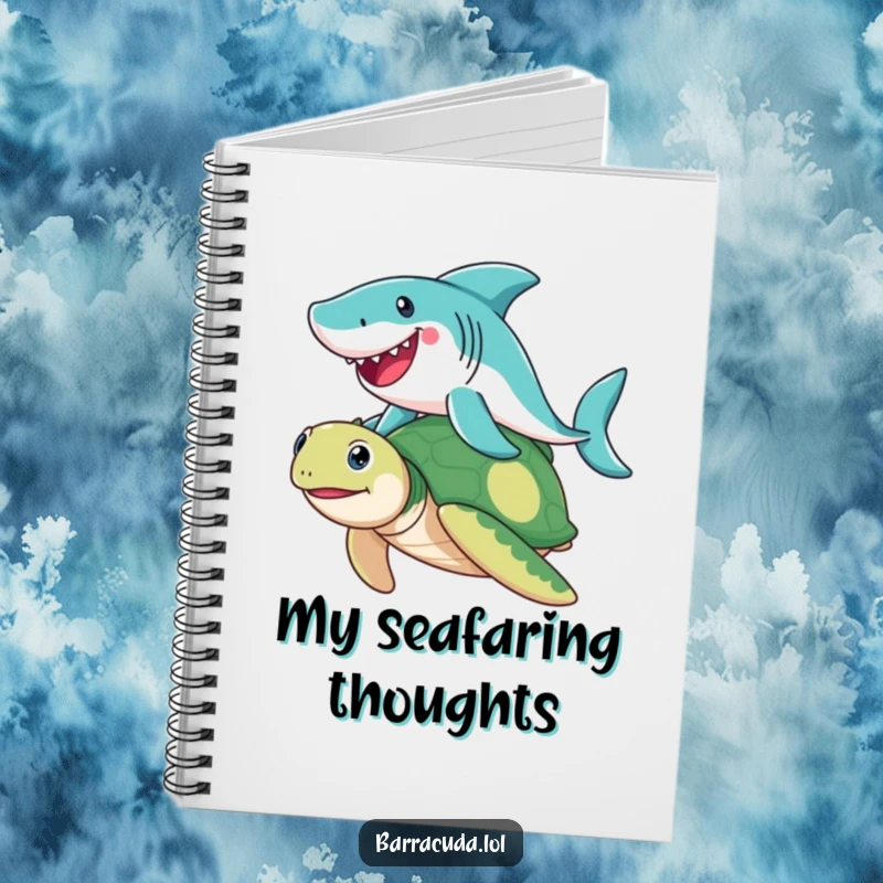 Funny Barracuda notebook featuring a joyful barracuda riding a friendly sea turtle, ideal for note-taking with a humorous and aquatic theme.