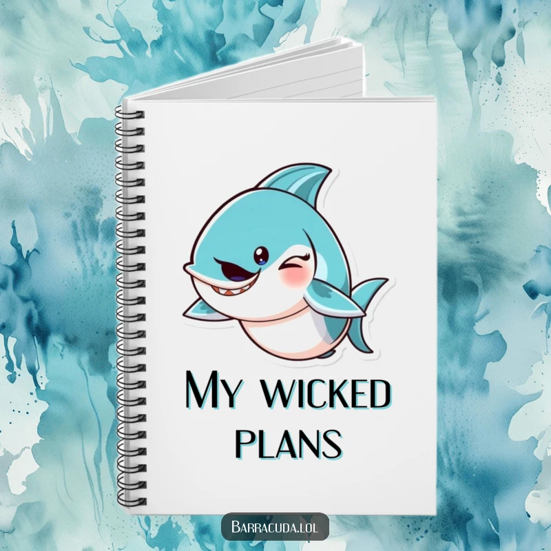 Funny barracuda character winking with a mischievous tail flick on a humorous notebook cover.