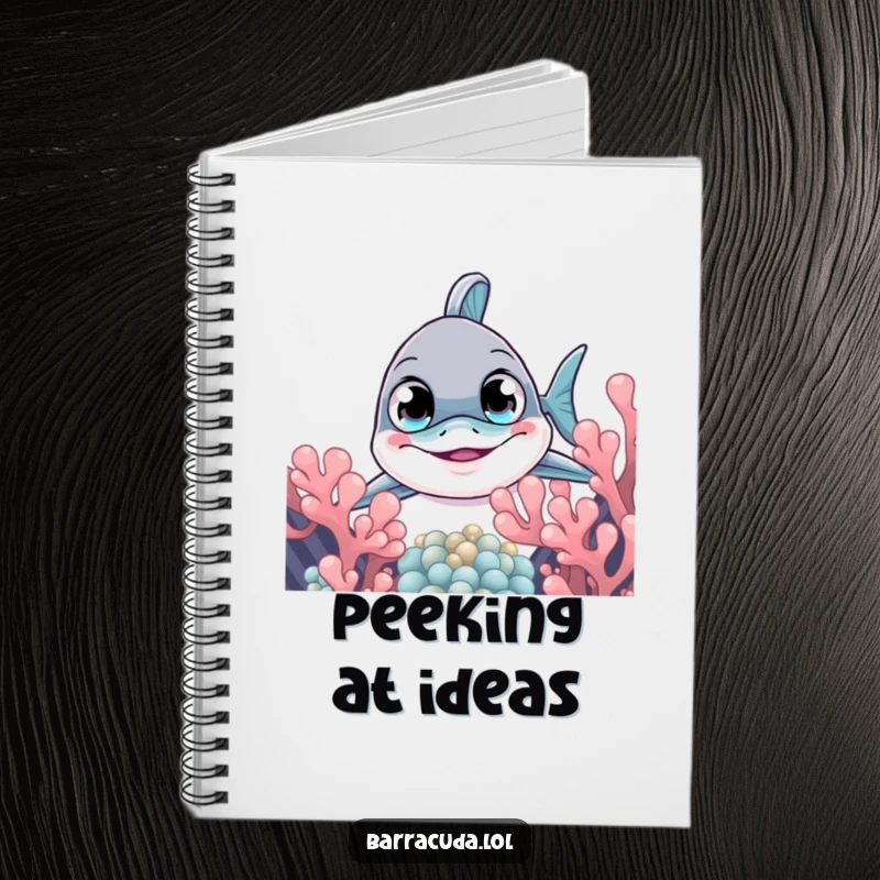 Funny barracuda notebook of a curious fish peeking from coral, designed for jotting down notes with whimsical humor.