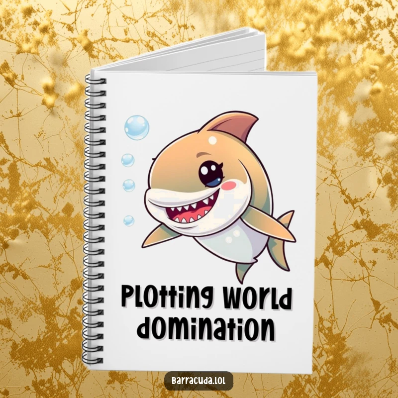 Funny notebook featuring a cute barracuda with a mischievous grin, peeking over the pages, ready to capture notes.
