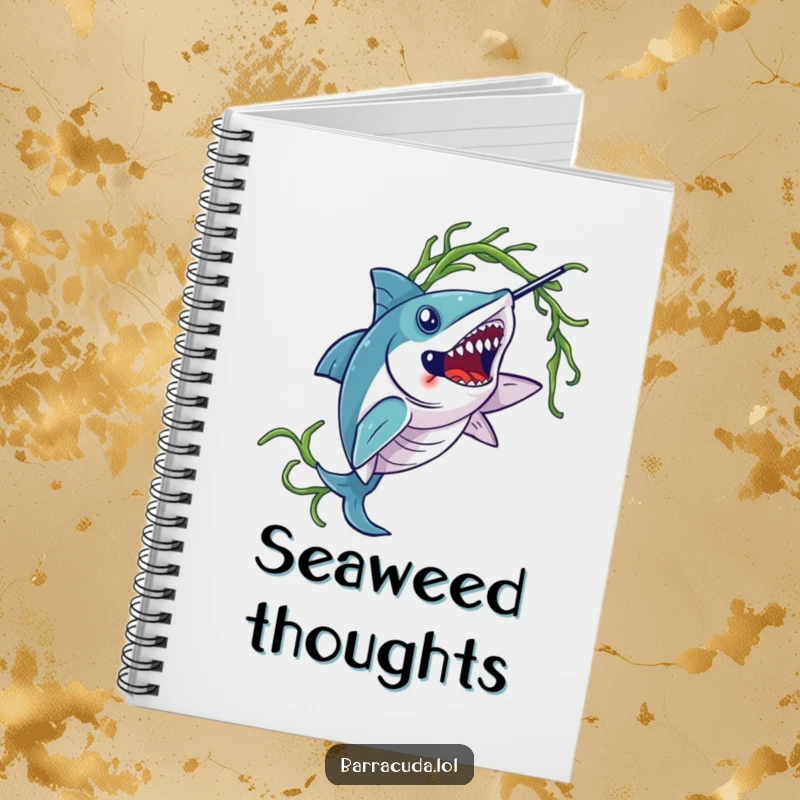 Funny barracuda notebook, showing a barracuda gracefully twirling seaweed, perfect for journaling and sketching.