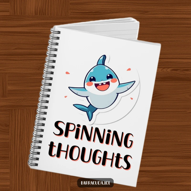 Funny, very happy kawaii barracuda spinning in a circle on a notebook, encouraging bright and joyful notes.