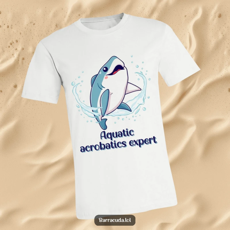 Funny Kawaii Barracuda T-Shirt: Adorable fish mid-somersault, flipping playfully through sparkling blue water with glee.