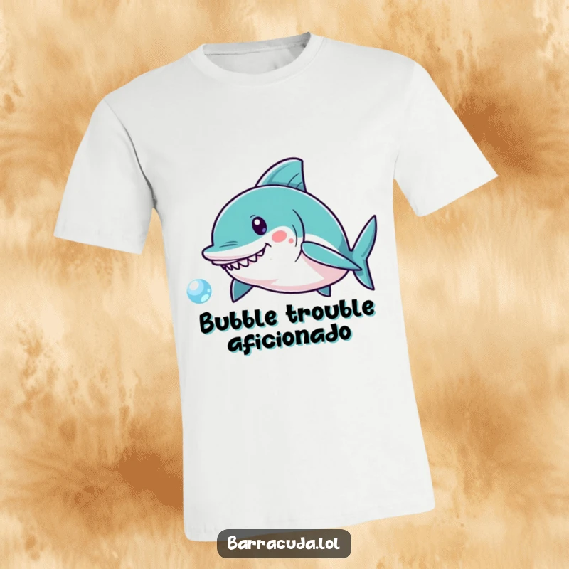 Funny Kawaii Barracuda T-Shirt: Adorable fish joyfully pursuing a single, iridescent bubble in a playful underwater scene.