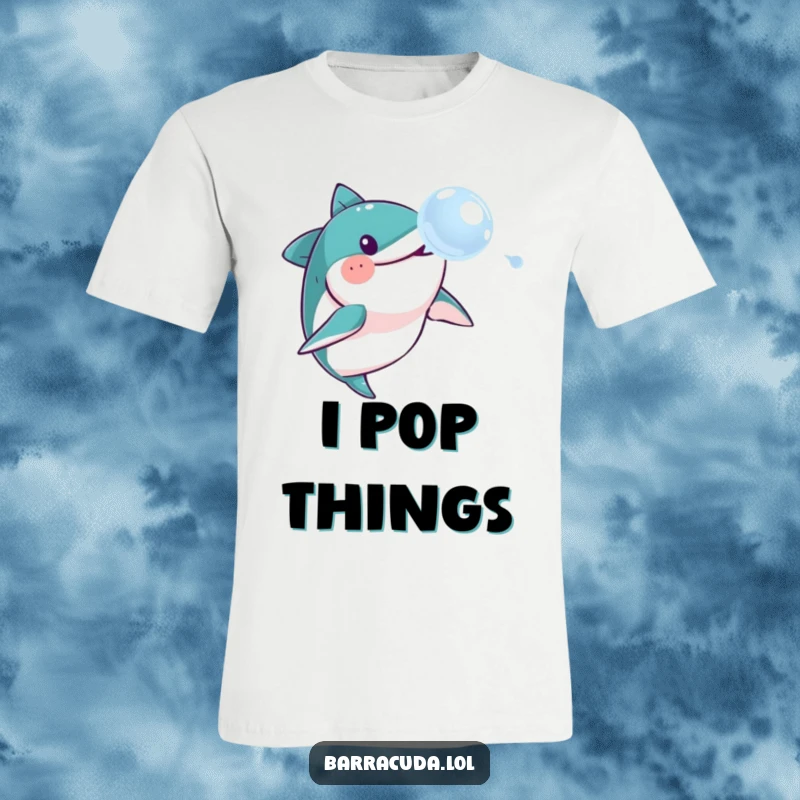 Funny barracuda t-shirt, showcasing a barracuda gleefully chasing a delicate soap bubble in a humorous underwater scene.