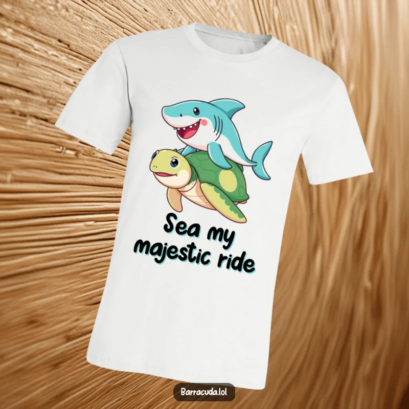 Funny Barracuda t-shirt depicting a playful barracuda riding a friendly sea turtle with pure joy, capturing a hilarious underwater moment.