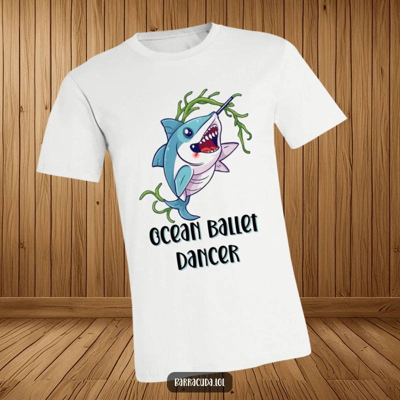 Funny barracuda t-shirt, showing a barracuda elegantly dancing and twirling a strand of seaweed underwater.