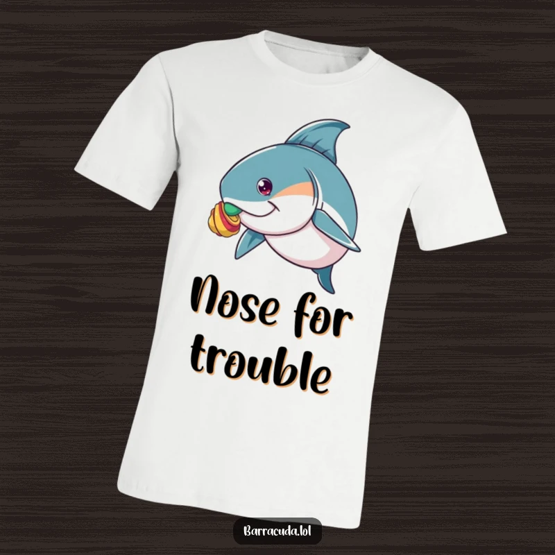 Funny t-shirt of a barracuda concentrating intensely on balancing a small, colorful shell atop its nose, a humorous spectacle.
