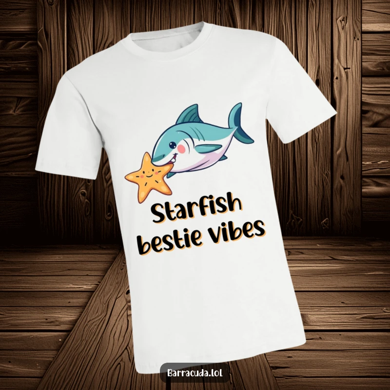 Funny Barracuda t-shirt showing a playful barracuda nudging a floating starfish, capturing a humorous and gentle underwater friendship.