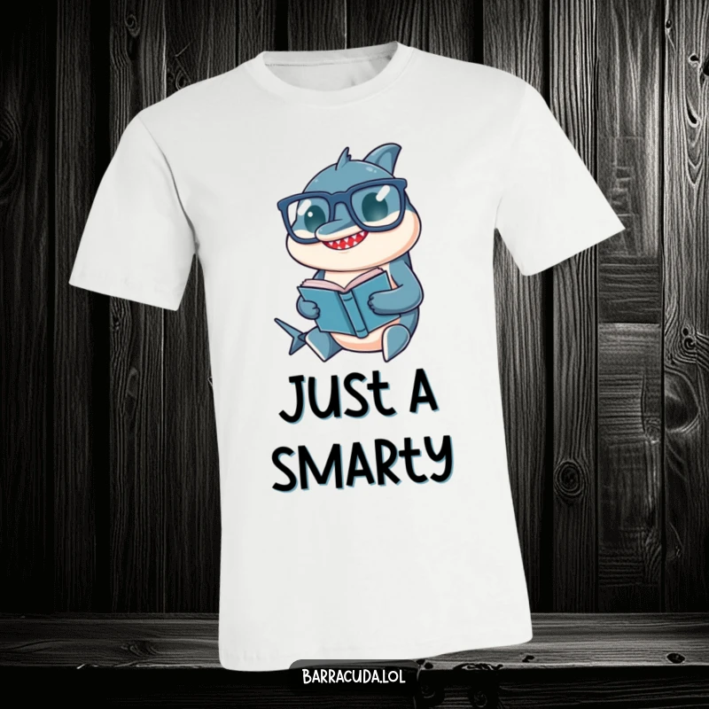 Funny t-shirt of a barracuda with oversized glasses perched on its nose, engrossed in reading a tiny, open book.