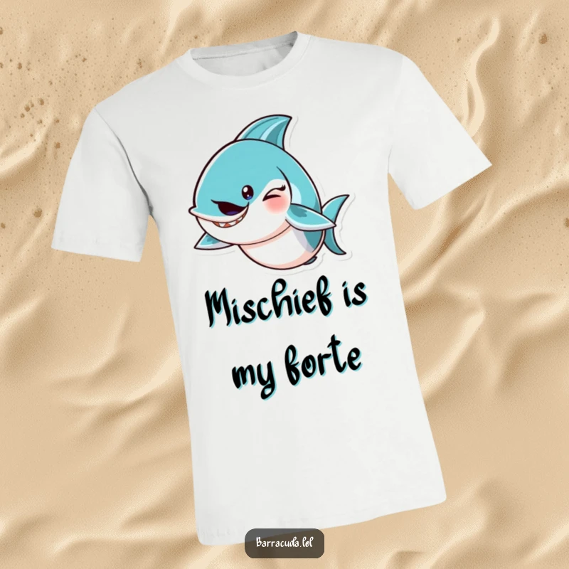 Funny barracuda character giving a cheeky wink and a mischievous tail flick in this humorous and stylish t-shirt design.