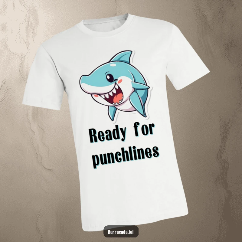 Funny barracuda character with an open mouth, poised to tell a hilarious joke on this funny t-shirt.