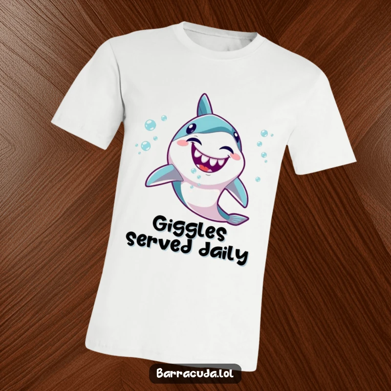 Funny Kawaii Barracuda T-Shirt: Adorable fish giggling joyfully, releasing a cascade of small, happy bubbles.