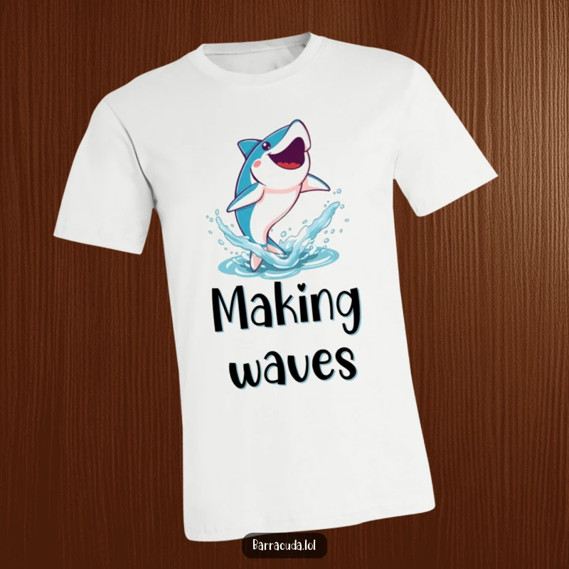 Funny Kawaii Barracuda T-Shirt: a cute barracuda leaping joyfully out of the water with a big splash.
