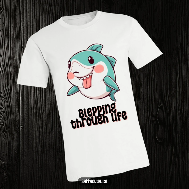 Funny kawaii barracuda making a silly face with its tongue sticking out slightly on a t-shirt, a humorous expression.