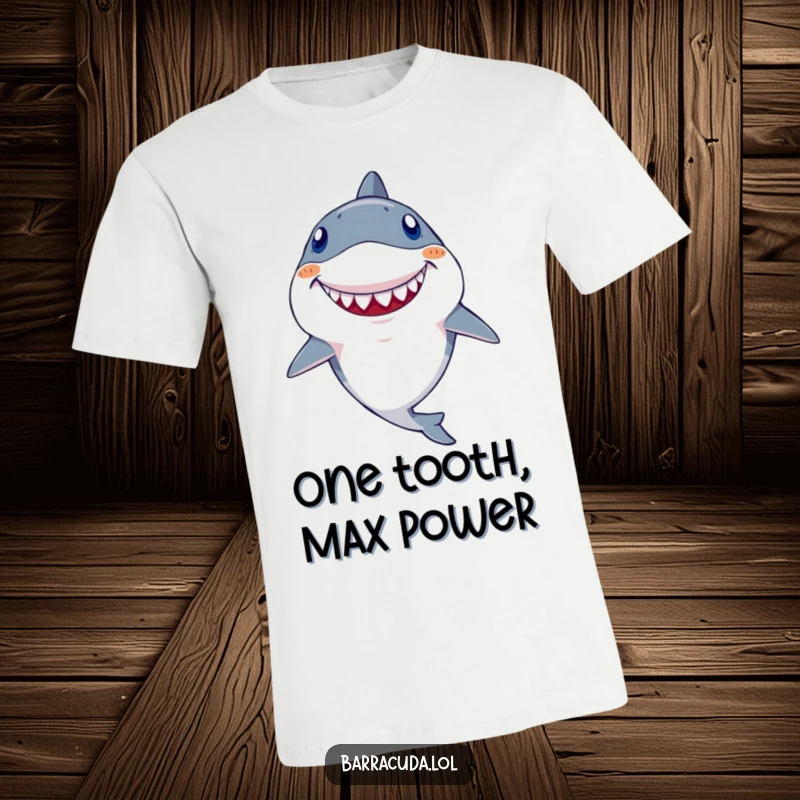 Funny Kawaii Barracuda T-Shirt: Adorable fish with a huge, goofy tooth, grinning widely with infectious, playful humor.