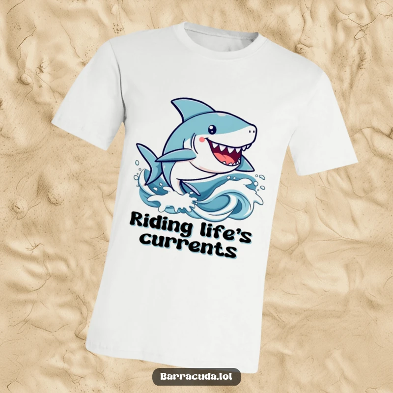 Funny kawaii barracuda character gleefully zipping through stylized ocean waves on this adorable and humorous t-shirt.