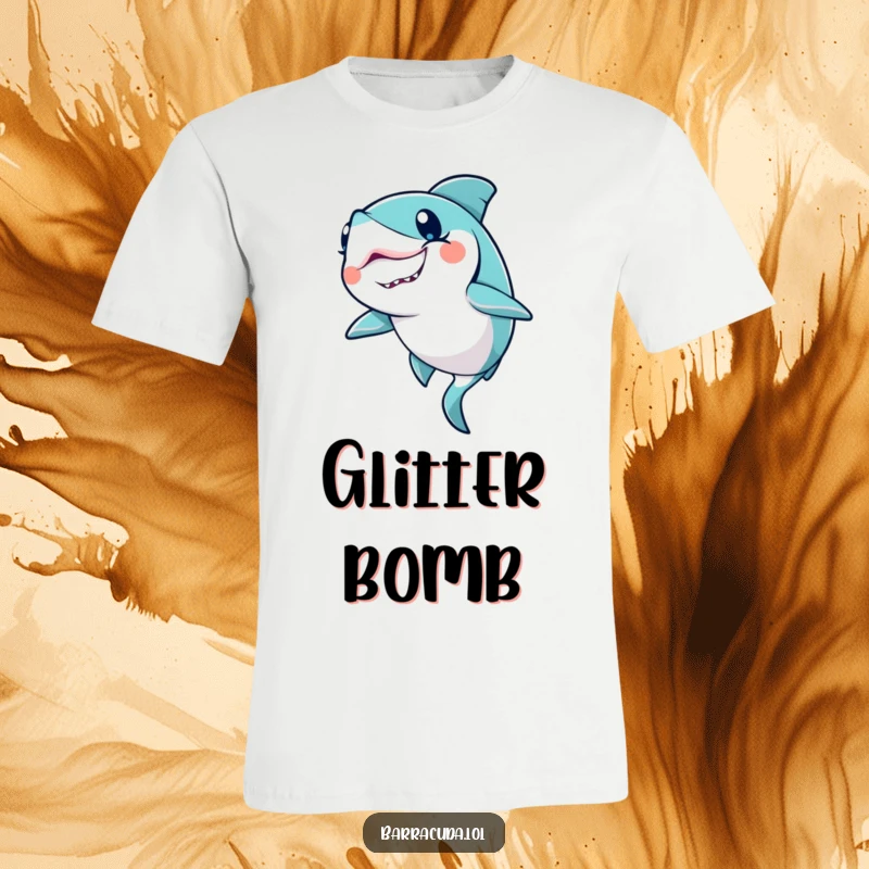 Funny Kawaii Barracuda T-Shirt: a cute barracuda winks with a glitter trail, embodying glamour and ocean fun.